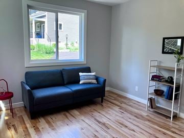 Charlottesville house for rent - A living room with a blue couch and a red chair.
