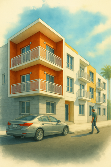 Hialeah apartment for rent - A man is walking past a silver car in front of a two-story apartment building.