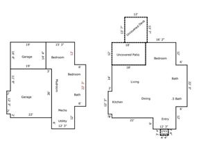 La Veta house for rent - A floor plan of a house with two garages, two bedrooms, a living room, a dining room, a kitchen, a bath, a utility room, and an uncovered patio.