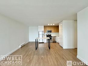 Chicago apartment for rent - A spacious room with a dining table and chairs in the foreground and a kitchen area in the background.