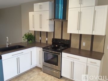 Mc Allen apartment for rent - A kitchen with white cabinets and a black stove top oven.