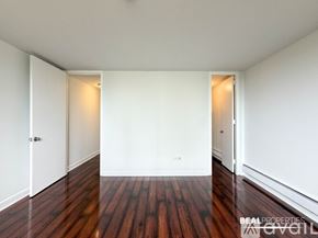 Chicago condo for rent - A spacious room with a wooden floor and a cabinet in the corner.