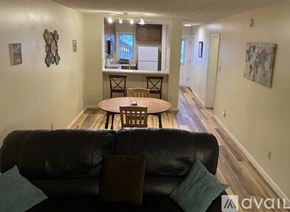 Boone apartment for rent - A black couch with a green pillow is in the foreground of a living room with a dining table and chairs.