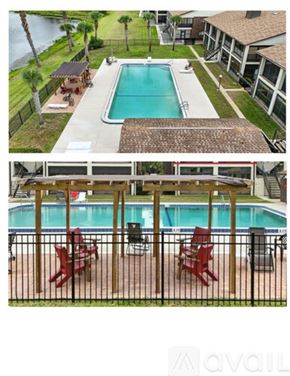 Deltona condo for rent - A pool surrounded by a black fence with red chairs.