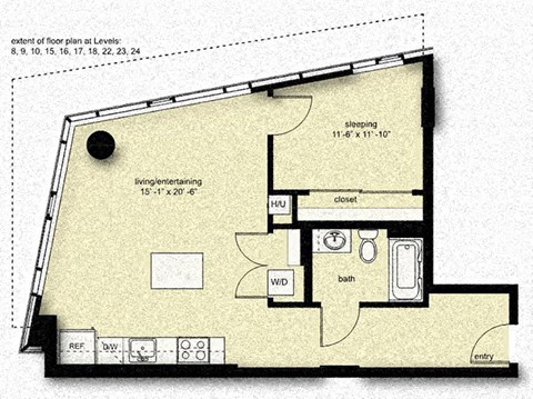 Floor plan for 1 bed, 1 bath, 847 sqft
