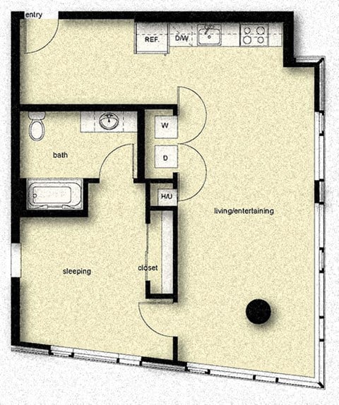 Floor plan for 1 bed, 1 bath, 836 sqft