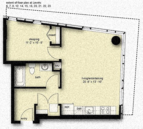 Floor plan for 1 bed, 1 bath, 777 sqft