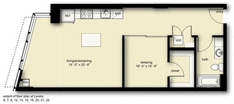 Floor plan for 1 bed, 1 bath, 731 sqft