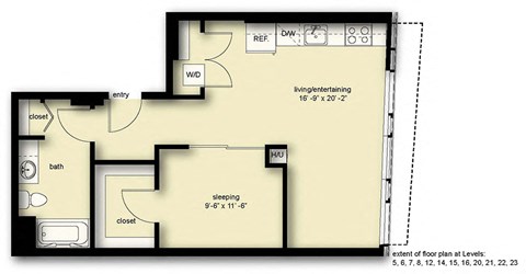 Floor plan for 1 bed, 1 bath, 698 sqft