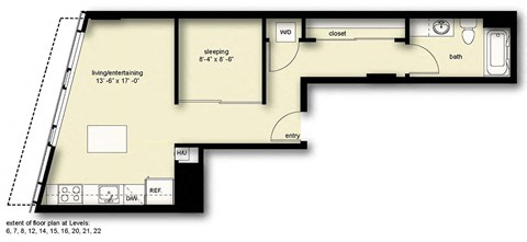 Floor plan for 1 bed, 1 bath, 635 sqft