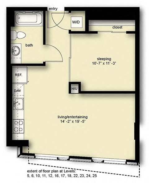 Floor plan for 1 bed, 1 bath, 605 sqft