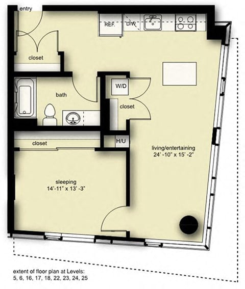 Floor plan for 1 bed, 1 bath, 836 sqft