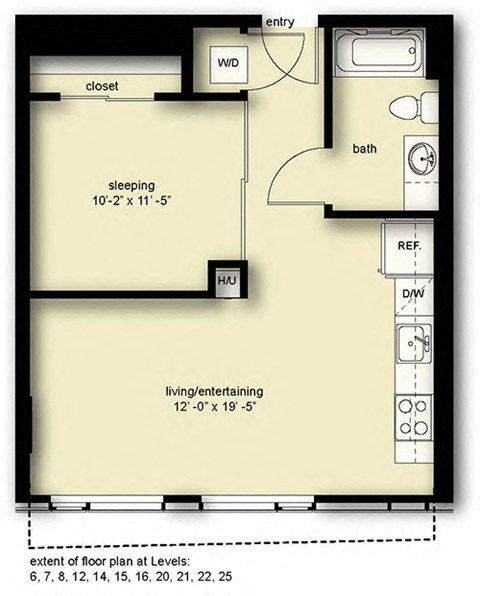 Floor plan for 1 bed, 1 bath, 633 sqft