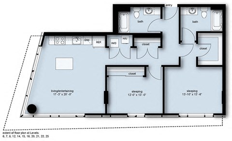 Floor plan for 2 beds, 2 baths, 1051 sqft