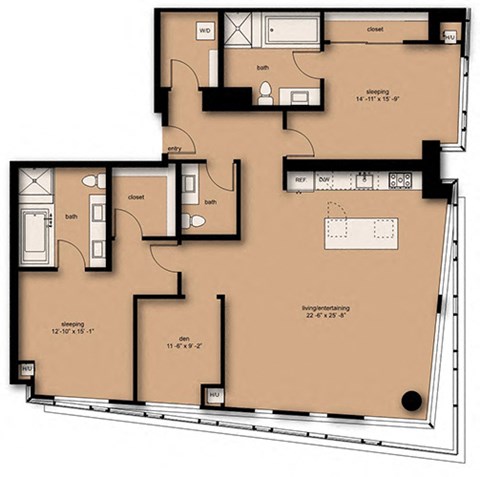 Floor plan for 2 beds, 2.5 baths, 1894 sqft