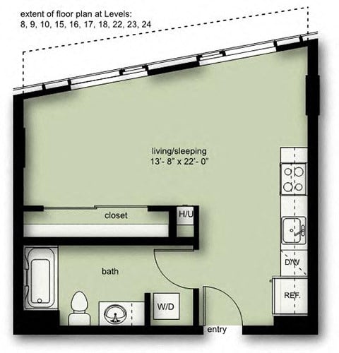 Floor plan for studio, 1 bath, 521 sqft