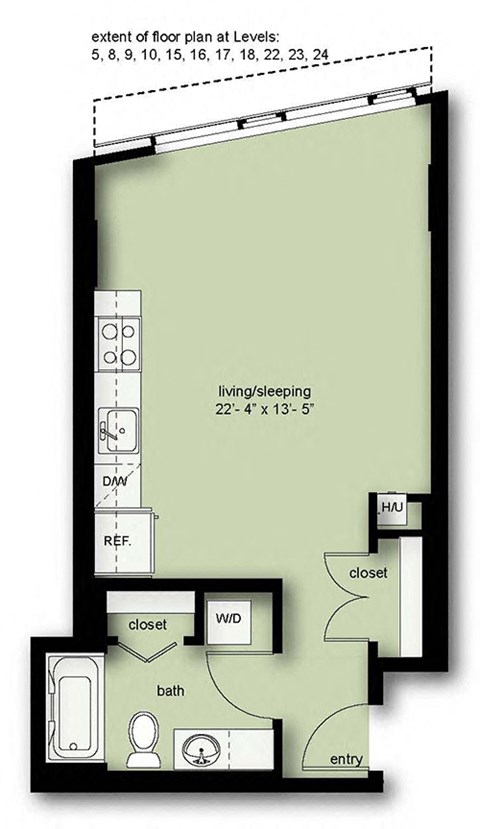 Floor plan for studio, 1 bath, 487 sqft