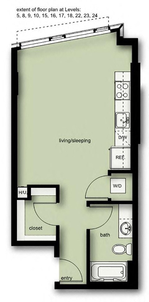 Floor plan for studio, 1 bath, 516 sqft