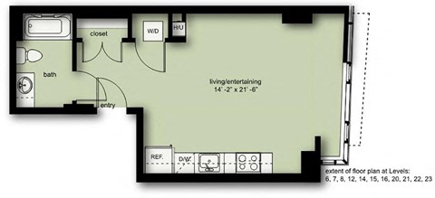 Floor plan for studio, 1 bath, 514 sqft