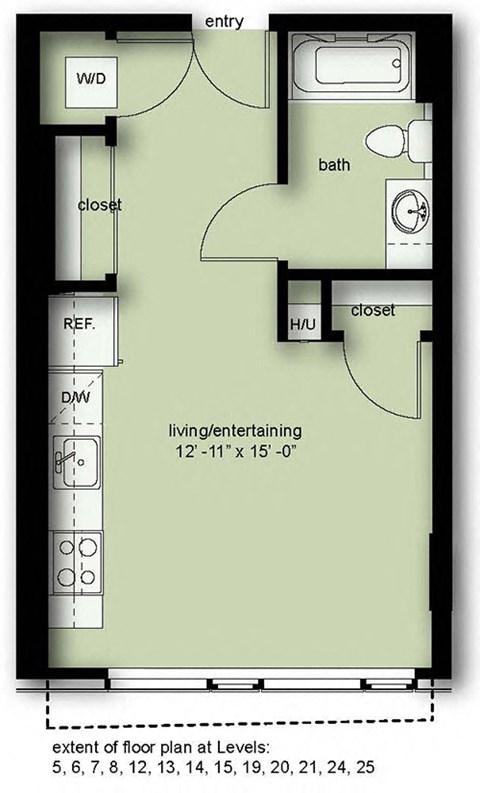 Floor plan for studio, 1 bath, 443 sqft