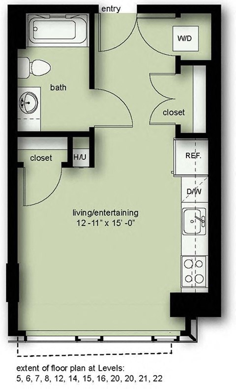 Floor plan for studio, 1 bath, 419 sqft