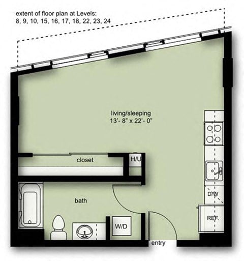 Floor plan for studio, 1 bath, 469 sqft