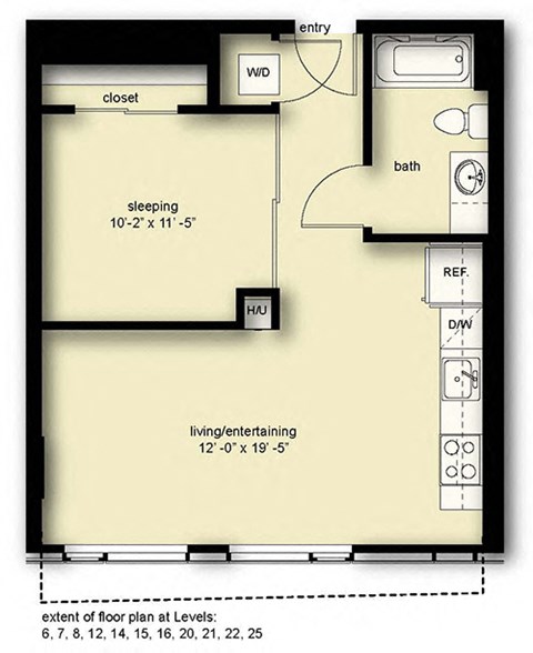 Floor plan for 1 bed, 1 bath, 633 sqft