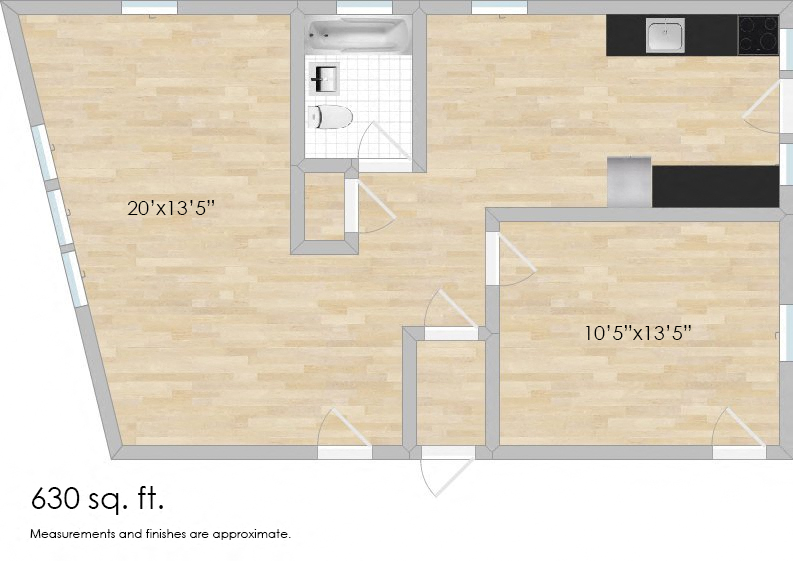 Floor plan for 1 bed, 1 bath, 630 sqft