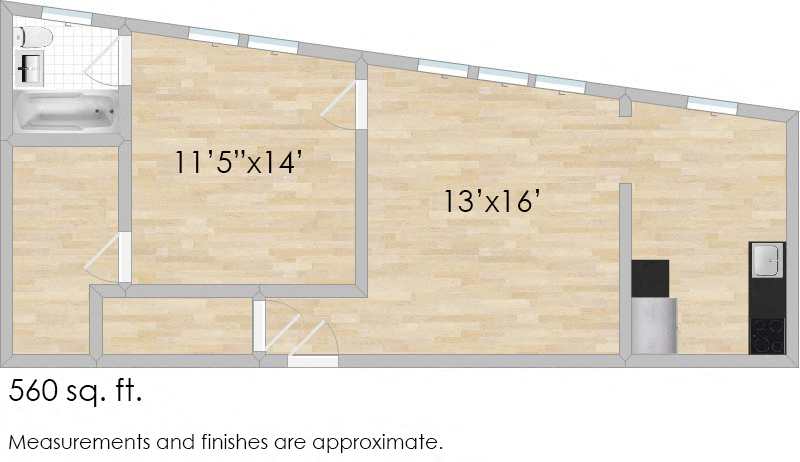 Floor plan for 1 bed, 1 bath, 512 sqft