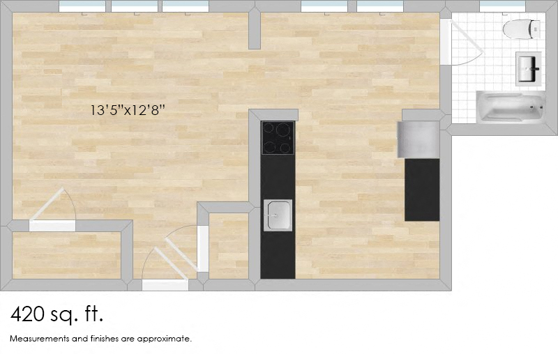 Floor plan for studio, 1 bath, 480 sqft