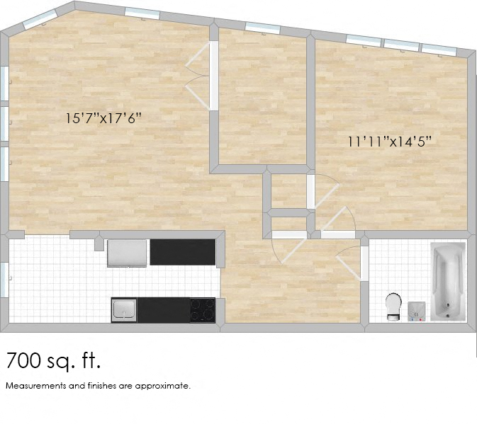 Floor plan for 1 bed, 1 bath, 600 sqft