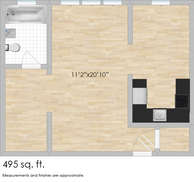 Floor plan for studio, 1 bath, 500 sqft