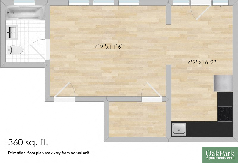 Floor plan for studio, 1 bath, 360 sqft