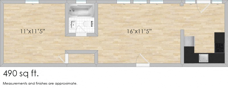 Floor plan for 1 bed, 1 bath, 490 sqft