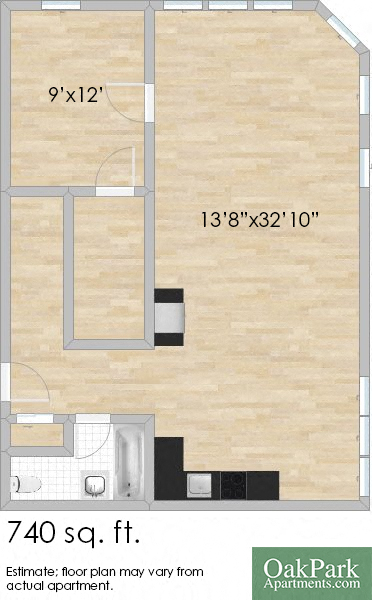 Floor plan for 1 bed, 1 bath, 740 sqft