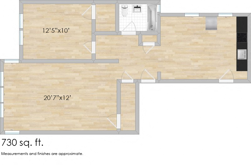 Floor plan for 1 bed, 1 bath, 739 sqft