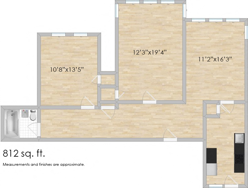 Floor plan for 2 beds, 1 bath, 812 sqft