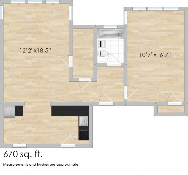 Floor plan for 1 bed, 1 bath, 777 sqft