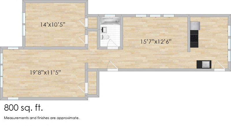Floor plan for 2 beds, 1 bath, 836 sqft