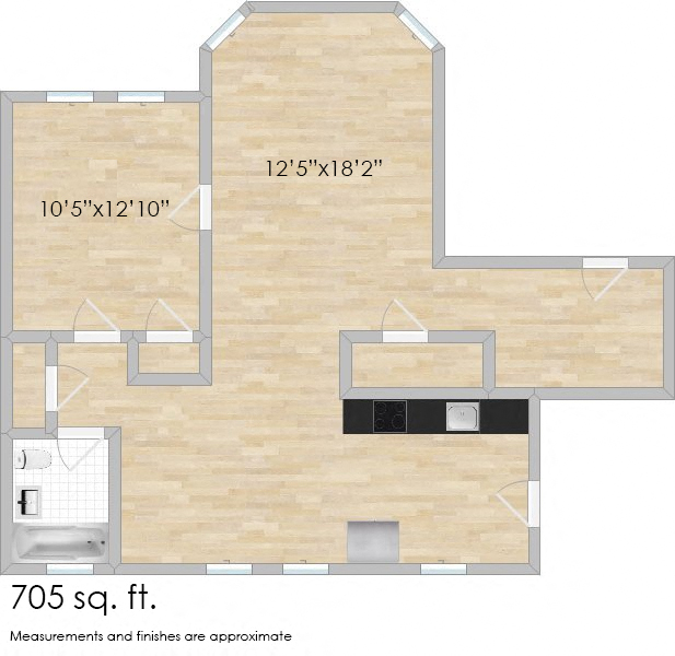 Floor plan for 1 bed, 1 bath, 705 sqft