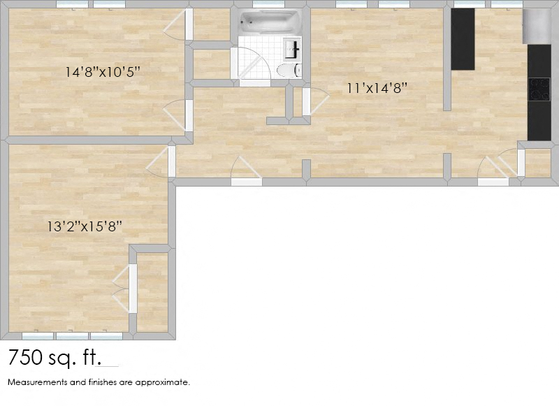 Floor plan for 2 beds, 1 bath, 909 sqft