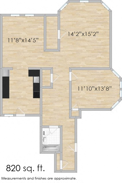 Floor plan for 1 bed, 1 bath, 850 sqft