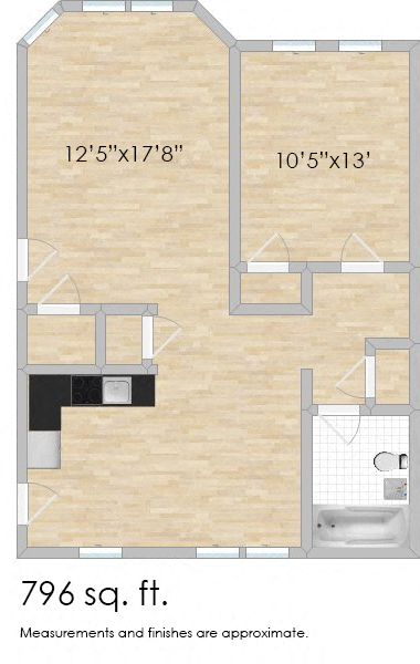 Floor plan for 1 bed, 1 bath, 796 sqft
