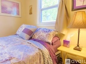 Roanoke apartment for rent - A bed with a purple and white comforter and matching pillows sits next to a lamp and a window.