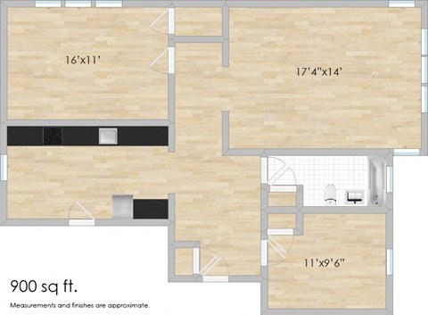 Floor plan for 1 bed, 1 bath, 736 sqft
