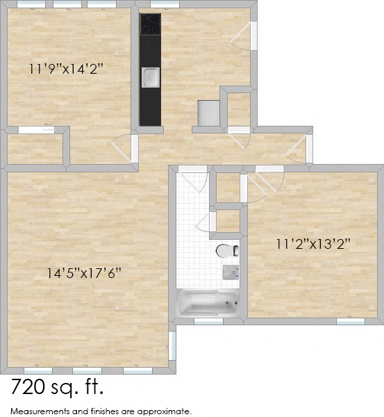 Floor plan for 1 bed, 1 bath, 720 sqft