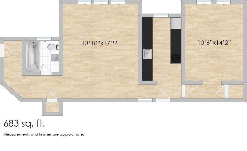 Floor plan for 1 bed, 1 bath, 683 sqft