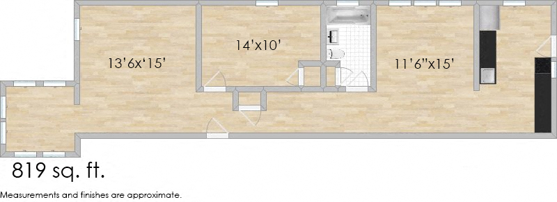 Floor plan for 1 bed, 1 bath, 819 sqft
