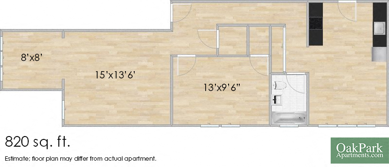 Floor plan for 1 bed, 1 bath, 819 sqft