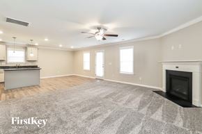 Jamestown house for rent - A spacious living room with a fireplace and a ceiling fan.